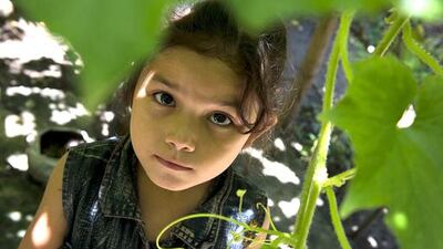 Seven-year old Gerarda Malarani in her family's backyard organic farm, which is fertilised by manure collected from the pigs being raised by her parents. Romeo Gacad / AFP