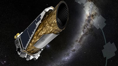 An illustration of Nasa’s Kepler space telescope, which noticed the star KIC 8462852 dimmed dramatically and irregularly several times between 2009 and 2013. T Pyle / Nasa Ames