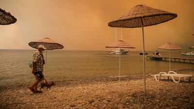 A man walks with his dog on the beach of smoke-engulfed Mazi area as wildfires rolled down the hill toward the seashore, in Bodrum, Mugla.