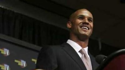 The newly acquired Washington Redskins defence end Jason Taylor during a press conference at Redskins Park.