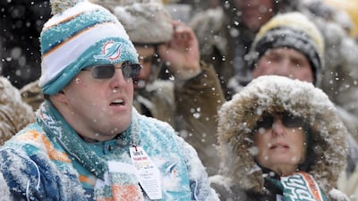 A visiting fan in Pittsburgh, Pennsylvania battles conditions to see the Miami Dolphins take on the Pittsburgh Steelers. Don Wright / AP