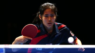 Suthasini Sawettabut of Thailand in action against Manika Batra of India during Day 1 of the 2016 Table Tennis Asian Cup at Dubai World Trade Centre on April 28, 2016 in Dubai. (Photo by Warren Little/Getty Images)