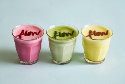 Beetroot, matcha and turmeric lattes at Flow, Dubai. Courtesy Flow