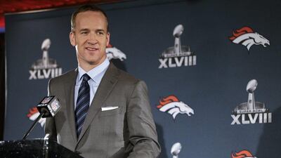 Denver's Peyton Manning will be aiming to win his second Super Bowl ring on Sunday. Mark Humphrey / AP