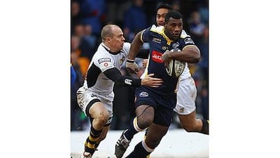 Seru Rabeni, with ball, is tackled by Mark Van Gisbergen during the match between Leeds and Wasps yesterday.