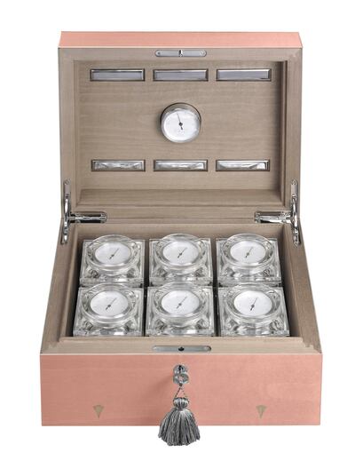 The new Kyoto Sakuro humidor comes in a shade of baby pink. Courtesy Lotusier