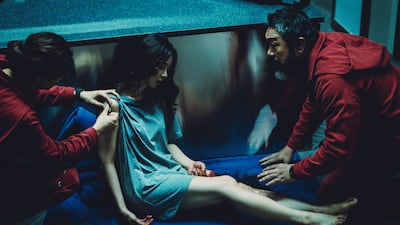 From left, Kim Ji-hun as Denver, Lee Joobeen as Yun Mi-sun and Lee Won-jong as Moscow.