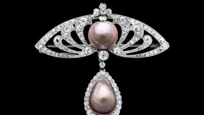 A brown pearl brooch set in platinum and diamonds, France 1900, part of the Pearls exhibition at the V and A Museum in London. Courtesy V and A Museum