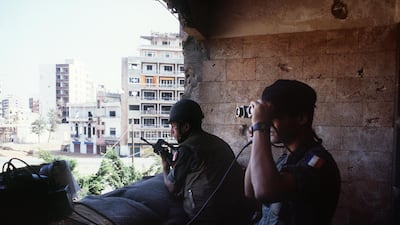 French soldiers watch the skyline in Beirut on September 26, 1983. The troops were part of the Beirut security multinational force sent to keep security after the Israeli invasion of 1982. AFP