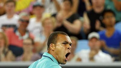 France’s Jo-Wilfried Tsonga reacts during his first-round match against Cyprus’ Marcos Baghdatis at the Australian Open at Melbourne Park, Australia, January 18, 2016. Thomas Peter
