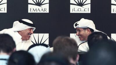 Mohamed Alabbar, right, the chairman of Emaar, and Ahmad Al Matrooshi, managing director, are pictured during the company's AGM. Jeffrey E Biteng / The National