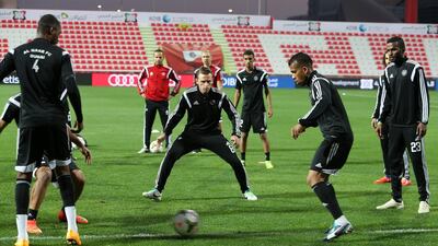 Al Nasr players trained at Rashid Stadium, Dubai, yesterday as they seek a first domestic title in the UAE in 25 years. Pawan Singh / The National