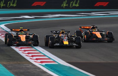 Red Bull's Max Verstappen, centre, flanked by the McLarens of Lando Norris and Oscar Piastri at the 2025 Abu Dhabi Grand Prix. Getty Images