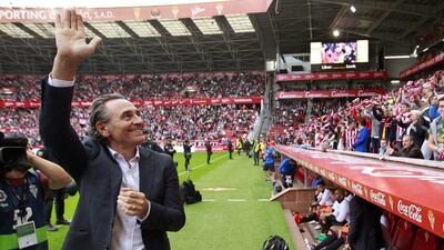 Valencia's Italian coach Cesare Prandelli waves to supporters during his first Spanish Primera Liga match, at the Molinon Stadium in Gijon, Spain, October 16, 2016. Alberto Morante / EPA
