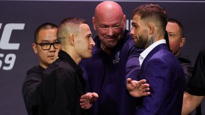 Kai Kara-France and Cody Garbrandt face off during the UFC 269 press conference. Getty Images