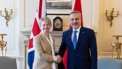 Turkish Foreign Minister Hakan Fidan meets with Foreign Secretary Yvette Cooper. Murat Gök/Anadolu via Getty Images