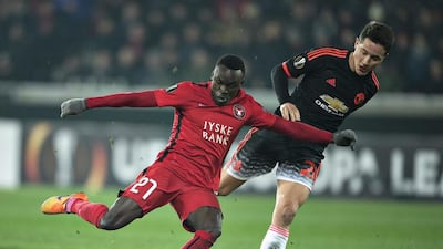 Midtjylland’s Pione Sisto scores the equaliser against Manchester United at the MHC Arena on Thursday night. Henning Bagger / Reuters