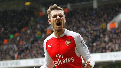 Arsenal's Aaron Ramsey celebrates after scoring the opener against Tottenham in the North London derby on Saturday. AFP / IK Images / March 5, 2016