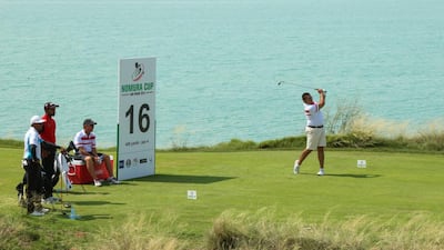 UAE'S Khalid Yousuf tees off on the 16th at Yas Links on the opening day of the 2015 Nomura Cup in Abu Dhabi. Courtesy Ihab Mokayed / Professional Sports Group