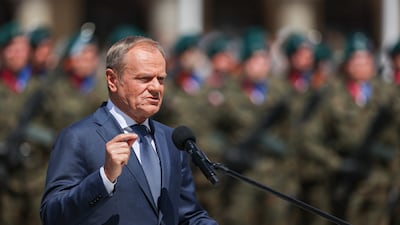 Polish Prime Minister Donald Tusk speaks at a ceremony to mark the 80th anniversary of the Battle of Monte Cassino, in Krakow, on Saturday. EPA