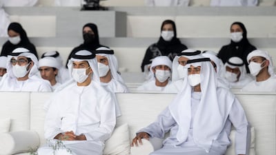 Sheikh Khalid bin Zayed, chairman of the board of Zayed Higher Organisation for Humanitarian Care and Special Needs (L), and Sheikh Nahyan bin Mubarak, Minister of Tolerance and Coexistence, attend the lecture.