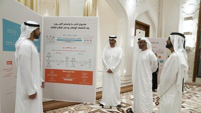 President Sheikh Mohamed; Sheikh Mohammed bin Rashid, Vice President and Ruler of Dubai; and Dr Sultan Al Jaber, Minister of Minister of Industry and Advanced Technology, listen to a Capstone project presentation.