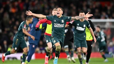 Marcus Tavernier begins to celebrate after Middlesbrough beat Manchester United on penalties in the FA Cup fourth round. Getty Images