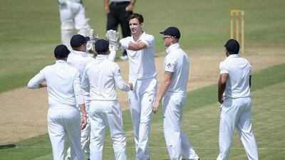 Steven Finn, centre, took four wickets as England produced 12 wickets in one day against a Pakistan A side. Gareth Copley / Getty Images