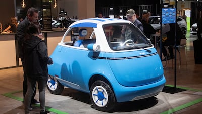 A prototype of an electric-powered Microlino Spiaggina car at this year's Auto Zurich Car Show in Switzerland. Reuters