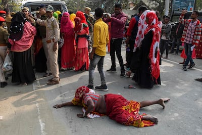 Relatives of people arrested by police for alleged involvement in child marriages protest outside Mayong police station in Morigaon district, Assam. AFP