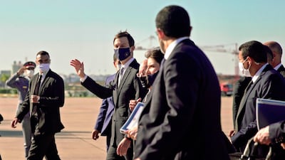 A handout picture released by the US Embassy in Morocco, shows US Presidential Adviser Jared Kushner waving his hand in greeting upon arrival to Morocco's capital Rabat on the first Israel-Morocco direct commercial flight, marking the latest US-brokered diplomatic normalisation deal between the Jewish state and an Arab country. AFP