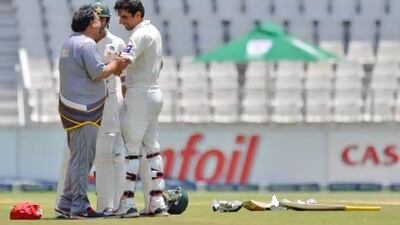 Misbah-ul-Haq had to receive attention on his elbow after a rising ball hit him during the first Test match at the Wanderers Stadium in Johannesburg. AFP