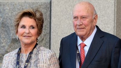 Former president FW de Klerk and his second wife Elita Georgiades arrive for the State of the Nation Address in parliament in Cape Town on February 13, 2020. AP Photo