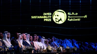 L-R: Sheikh Mohamed bin Saud Al Qasimi, Crown Prince and Deputy Ruler of Ras Al Khaimah, Sheikh Hamdan bin Mohammed, Crown Prince of Dubai, Sheikh Mohamed bin Zayed, and Sheikh Ammar bin Humaid Al Nuaimi, Crown Prince of Ajman, attend the opening ceremony of the World Future Energy Summit 2020, on January 13. Seen with the presidents of Rwanda, Armenia and Indonesia. Hamad Al Kaabi / Ministry of Presidential Affairs
