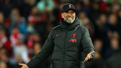 Liverpool's German manager Jurgen Klopp gestures on the touchline during the English Premier League football match between Liverpool and West Ham United at Anfield in Liverpool, north-west England on October 19, 2022. (Photo by Nigel Roddis / AFP) / RESTRICTED TO EDITORIAL USE. No use with unauthorized audio, video, data, fixture lists, club/league logos or 'live' services. Online in-match use limited to 120 images. An additional 40 images may be used in extra time. No video emulation. Social media in-match use limited to 120 images. An additional 40 images may be used in extra time. No use in betting publications, games or single club/league/player publications. /