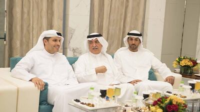 Sheikh Khaldoon Khalifa Al Mubarak, CEO and Managing Director of Mubadala and Chairman of the Abu Dhabi Executive Affairs Authority, left, and Mohammed Mubarak Al Mazrouei, Undersecretary of the Crown Prince Court of Abu Dhabi, right, attend a reception hosted by King Salman Bin Abdulaziz Al Saud. Hamad Al Kaabi / Crown Prince Court - Abu Dhabi