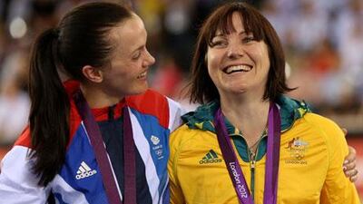 Victoria Pendleton has a hug for her rival Anna Meares after their medal battle in the women's sprint final.