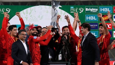 Islamabad United players celebrate their two-wicket win over Multan Sultans in the 2024 PSL final. AP