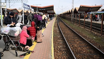 Ukrainian refugees wait in Przemysl, Poland. About 50,000 people a day are crossing into the country from neighbouring Ukraine, among the hundreds of thousands of people have fled the country since Russia’s invasion on February 24. EPA