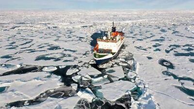 The research ship Polarstern sails through Artic ice.