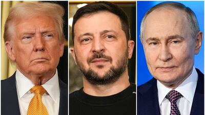 From left, US President Donald Trump, Ukraine's President Volodymyr Zelenskyy and Russian President Vladimir Putin. AP