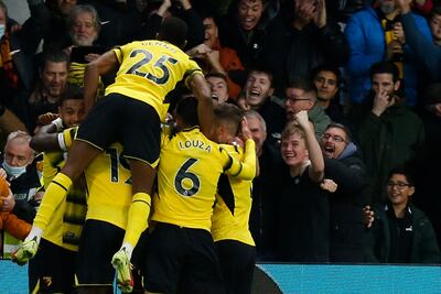 Watford's Ismaila Sarr celebrates after scoring the second goal against Manchester United. AFP