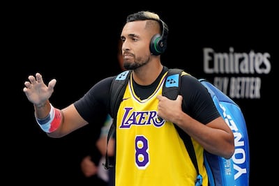 Nick Kyrgios arrives on court wearing the jersey of former Los Angeles Lakers player Kobe Bryant, ahead of his match against Rafael Nadal. EPA