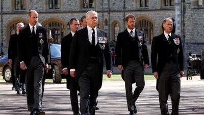 Prince Andrew, centre, at the funeral of Prince Philip, Duke of Edinburgh, at Windsor Castle alongside Prince William, Prince Harry and Prince Edward in April 2021. All photos: Getty Images