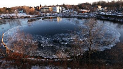 The Westbrook ice disk has returned to the Presumpscot River below Saccarappa Falls in Westbrook, Maine. The disk has begun to form where it partially formed in 2020, but has failed to draw a worldwide audience as it did in its first appearance in 2019. AP