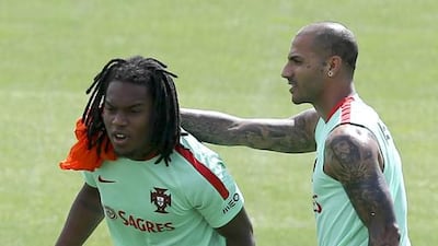 Portugal’s Renato Sanches (L) and Ricardo Quaresma (R) during a training session at the French national rugby team’s camp in Marcoussis near Paris to take part on the Euro 2016, France, 08 July 2016. Portugal faces France on 10 July in the UEFA Euro 2016 Final. EPA/MIGUEL A. LOPES