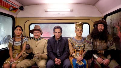 From left, Mizuo Peck, Robin Williams, Ben Stiller, Rami Malek and Patrick Gallagher appear in a scene from Night at the Museum: Secret of the Tomb. AP
