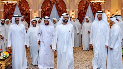 Sheikh Mohammed bin Rashid meets with guests at a ceremony at Za’abeel Palace.