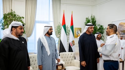 President Sheikh Mohamed receives flydubai Capt Smit Machchhar also attended by Sheikh Mohammed bin Rashid, Vice President and Ruler of Dubai, and Sheikh Hamdan bin Zayed, Ruler’s Representative in Al Dhafra Region. All photos: UAE Presidential Court