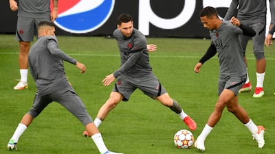 Lionel Messi with teammates during training for PSG's Champions League match at Jan Breydel Stadium in Bruges on Tuesday. Reuters